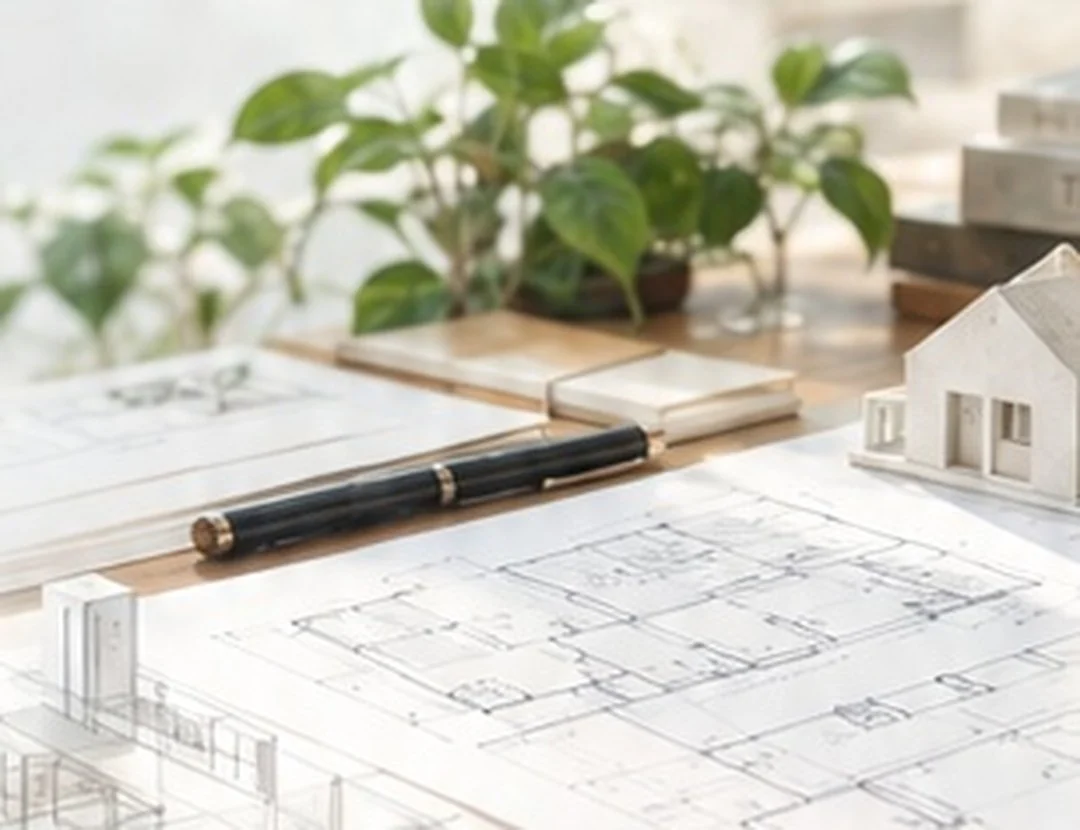 家の模型と建築の設計図が広がる机。事業の設計図という考え方を表現したイメージ
